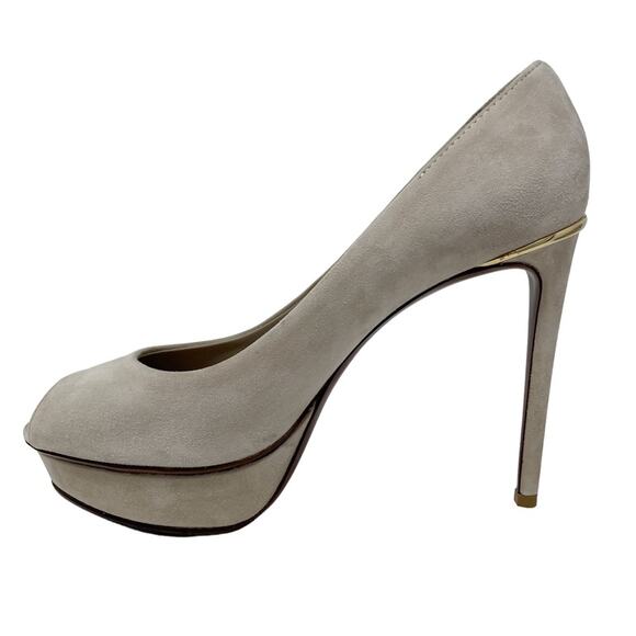 Louis Vuitton Eyeline neutral suede peep toe platform pumps size 37 US6.5 - Picture 10 of 14